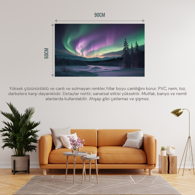 DOĞA VE MANZARA YATAY KARLA KAPLI ORMANIN ÜZERİNDEKİ KUZEY IŞIKLARI 01 ÇERÇEVESİZ 90X60CM PVC TABLO