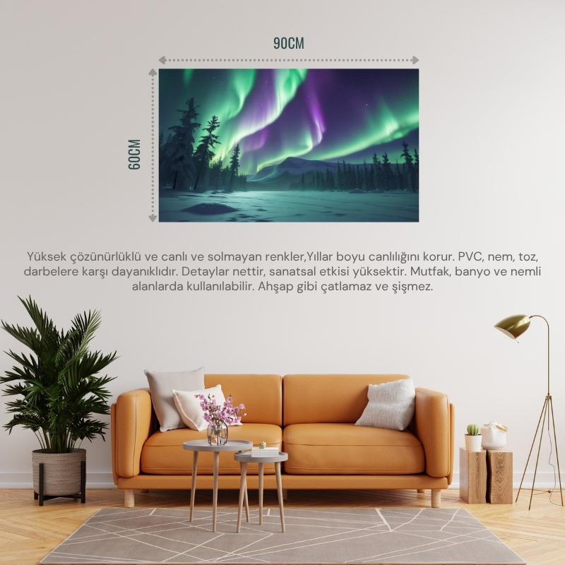 DOĞA VE MANZARA YATAY KARLA KAPLI ORMANIN ÜZERİNDEKİ KUZEY IŞIKLARI 02 ÇERÇEVESİZ 90X60CM PVC TABLO