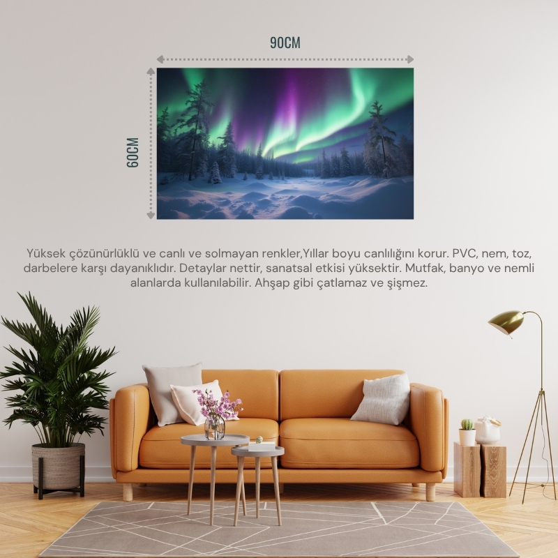 DOĞA VE MANZARA YATAY KARLA KAPLI ORMANIN ÜZERİNDEKİ KUZEY IŞIKLARI 03 ÇERÇEVESİZ 90X60CM PVC TABLO
