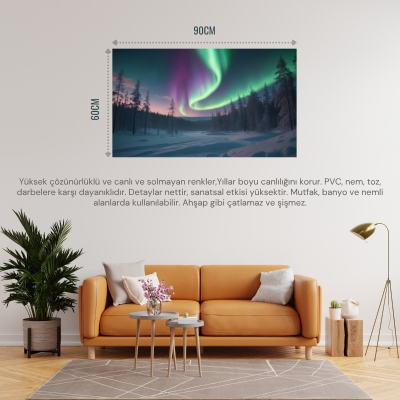 DOĞA VE MANZARA YATAY KARLA KAPLI ORMANIN ÜZERİNDEKİ KUZEY IŞIKLARI 04 ÇERÇEVESİZ 90X60CM PVC TABLO