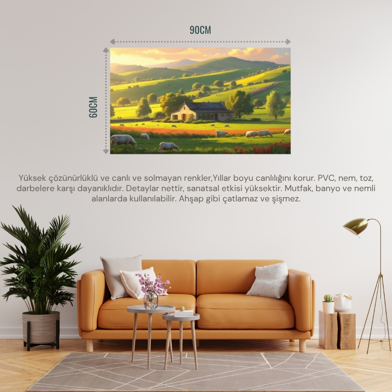 DOĞA VE MANZARA YATAY KÜÇÜK ÇİFTLİK EVİ YEŞİL TEPELER, ÇİÇEK AÇMIŞ TARLALAR DOĞA VE HUZUR 01 ÇERÇEVESİZ 90X60CM PVC TABLO
