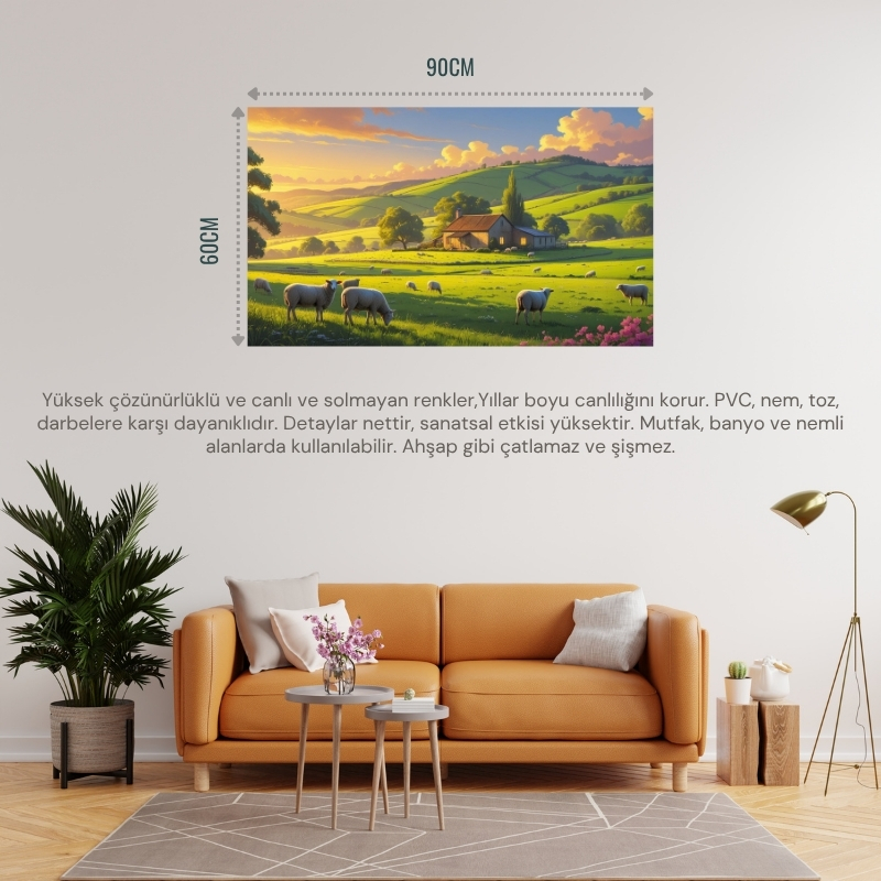 DOĞA VE MANZARA YATAY KÜÇÜK ÇİFTLİK EVİ YEŞİL TEPELER, ÇİÇEK AÇMIŞ TARLALAR DOĞA VE HUZUR 02 ÇERÇEVESİZ 90X60CM PVC TABLO