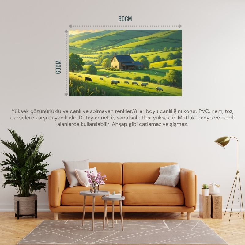 DOĞA VE MANZARA YATAY KÜÇÜK ÇİFTLİK EVİ YEŞİL TEPELER, ÇİÇEK AÇMIŞ TARLALAR DOĞA VE HUZUR 03 ÇERÇEVESİZ 90X60CM PVC TABLO