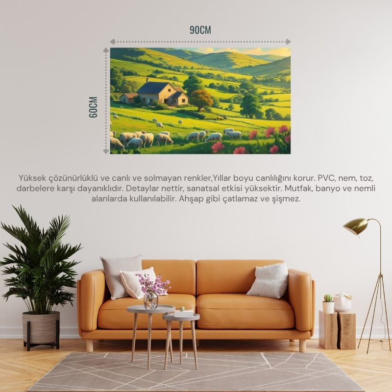 DOĞA VE MANZARA YATAY KÜÇÜK ÇİFTLİK EVİ YEŞİL TEPELER, ÇİÇEK AÇMIŞ TARLALAR DOĞA VE HUZUR 04 ÇERÇEVESİZ 90X60CM PVC TABLO
