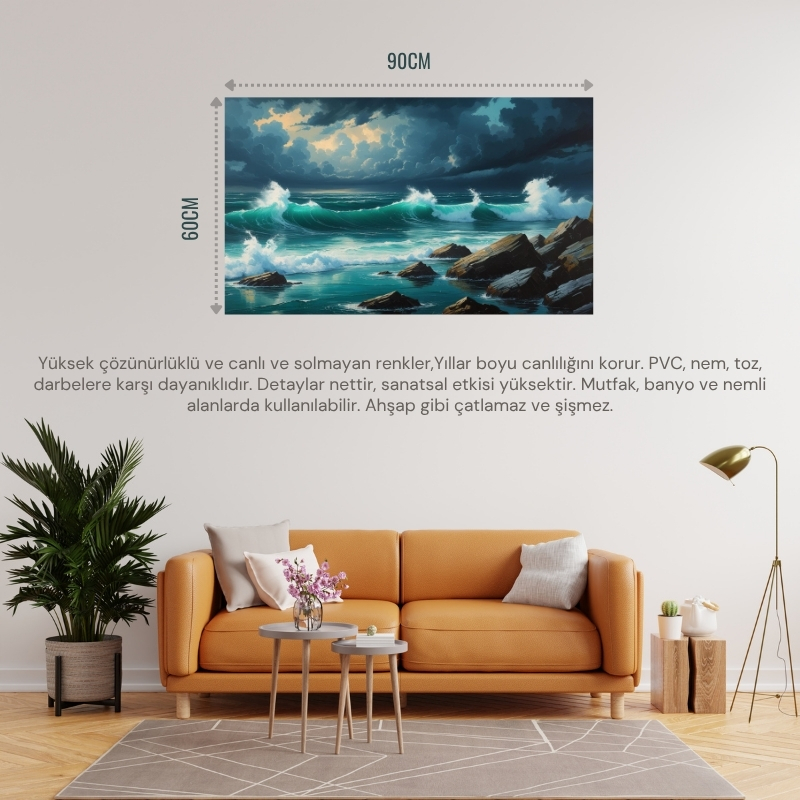 DOĞA VE MANZARA YATAY KAYALARA ÇARPAN GÜÇLÜ OKYANUS DALGALARI, DRAMATİK GÖKYÜZÜ 01 ÇERÇEVESİZ 90X60CM PVC TABLO