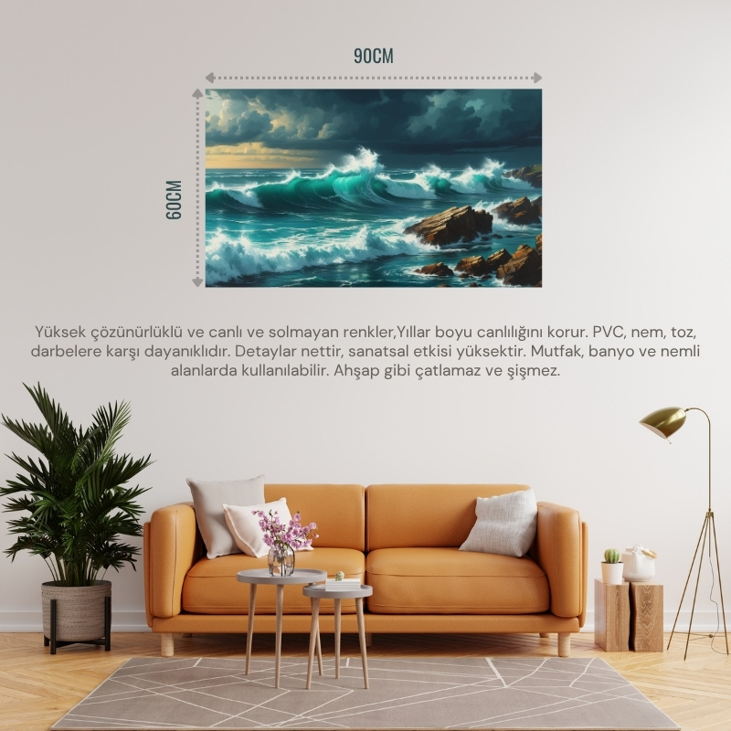 DOĞA VE MANZARA YATAY KAYALARA ÇARPAN GÜÇLÜ OKYANUS DALGALARI, DRAMATİK GÖKYÜZÜ 02 ÇERÇEVESİZ 90X60CM PVC TABLO