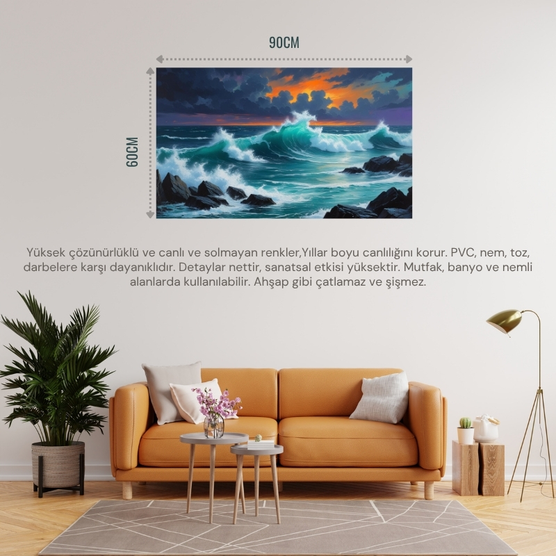 DOĞA VE MANZARA YATAY KAYALARA ÇARPAN GÜÇLÜ OKYANUS DALGALARI, DRAMATİK GÖKYÜZÜ 03 ÇERÇEVESİZ 90X60CM PVC TABLO