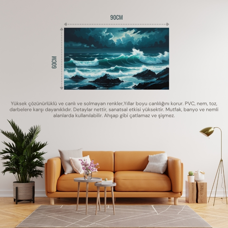 DOĞA VE MANZARA YATAY KAYALARA ÇARPAN GÜÇLÜ OKYANUS DALGALARI, DRAMATİK GÖKYÜZÜ 04 ÇERÇEVESİZ 90X60CM PVC TABLO
