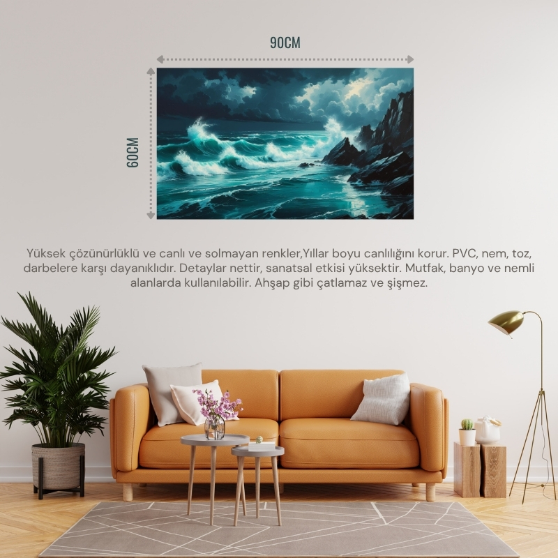 DOĞA VE MANZARA YATAY KAYALARA ÇARPAN GÜÇLÜ OKYANUS DALGALARI, DRAMATİK GÖKYÜZÜ 05 ÇERÇEVESİZ 90X60CM PVC TABLO