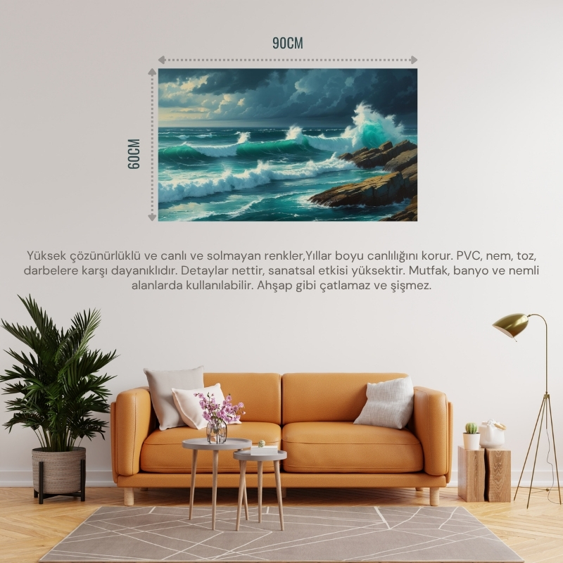 DOĞA VE MANZARA YATAY KAYALARA ÇARPAN GÜÇLÜ OKYANUS DALGALARI, DRAMATİK GÖKYÜZÜ 06 ÇERÇEVESİZ 90X60CM PVC TABLO