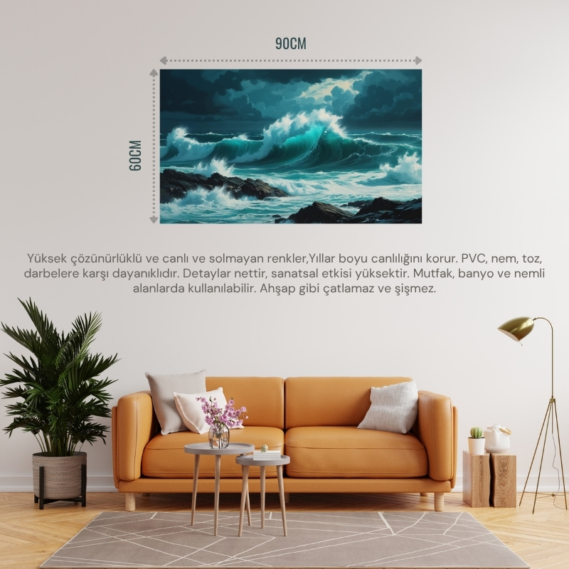 DOĞA VE MANZARA YATAY KAYALARA ÇARPAN GÜÇLÜ OKYANUS DALGALARI, DRAMATİK GÖKYÜZÜ 07 ÇERÇEVESİZ 90X60CM PVC TABLO
