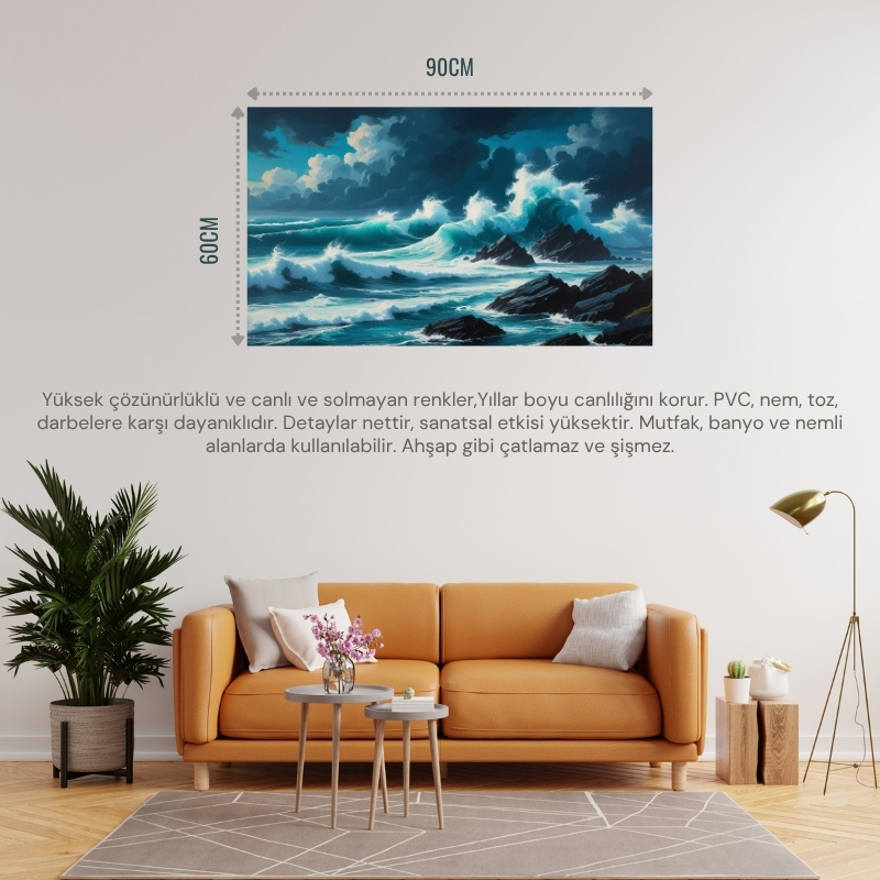 DOĞA VE MANZARA YATAY KAYALARA ÇARPAN GÜÇLÜ OKYANUS DALGALARI, DRAMATİK GÖKYÜZÜ 08 ÇERÇEVESİZ 90X60CM PVC TABLO