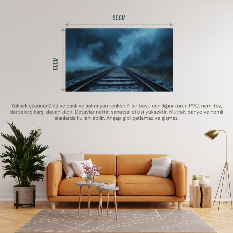 DOĞA VE MANZARA YATAY SİS İÇİNDE KAYBOLAN DEMİR YOLU RAYLARI MELANKOLİK RUH HALİ 01 ÇERÇEVESİZ 90X60CM PVC TABLO