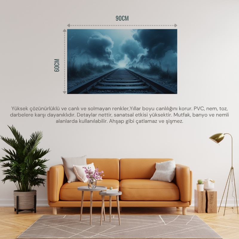 DOĞA VE MANZARA YATAY SİS İÇİNDE KAYBOLAN DEMİR YOLU RAYLARI MELANKOLİK RUH HALİ 02 ÇERÇEVESİZ 90X60CM PVC TABLO