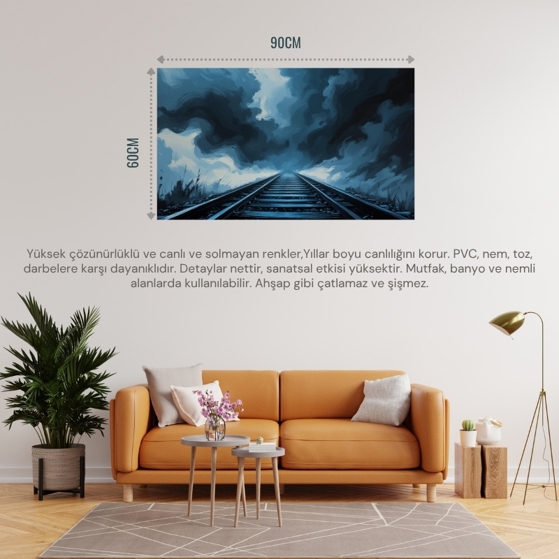 DOĞA VE MANZARA YATAY SİS İÇİNDE KAYBOLAN DEMİR YOLU RAYLARI MELANKOLİK RUH HALİ 03 ÇERÇEVESİZ 90X60CM PVC TABLO