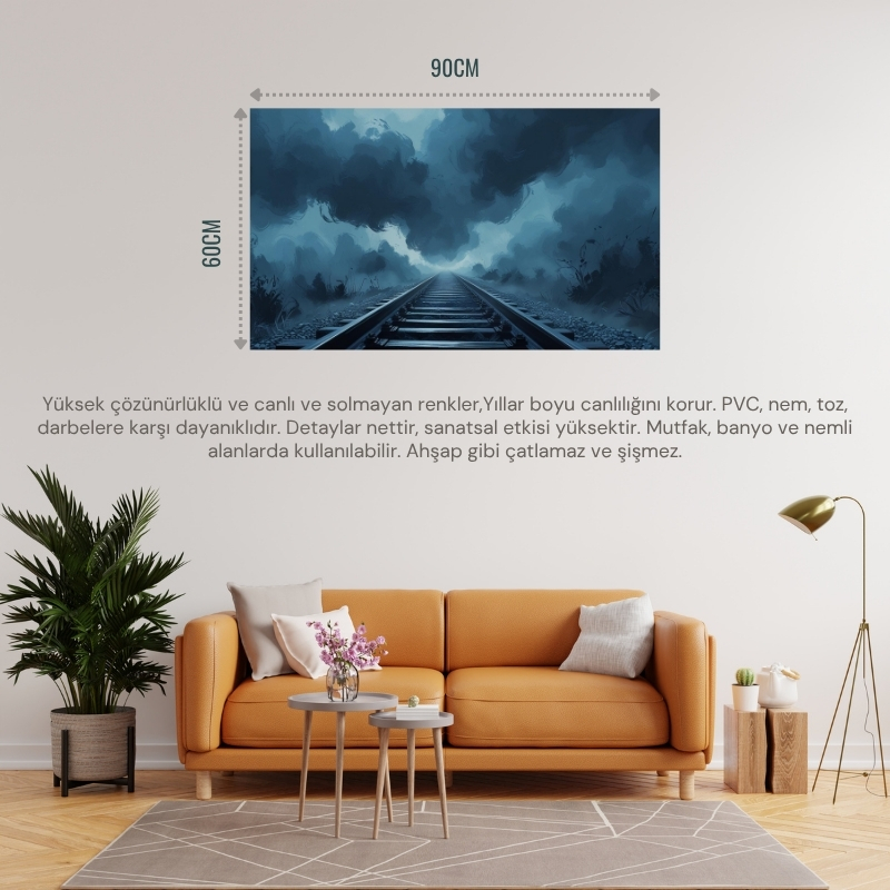 DOĞA VE MANZARA YATAY SİS İÇİNDE KAYBOLAN DEMİR YOLU RAYLARI MELANKOLİK RUH HALİ 04 ÇERÇEVESİZ 90X60CM PVC TABLO