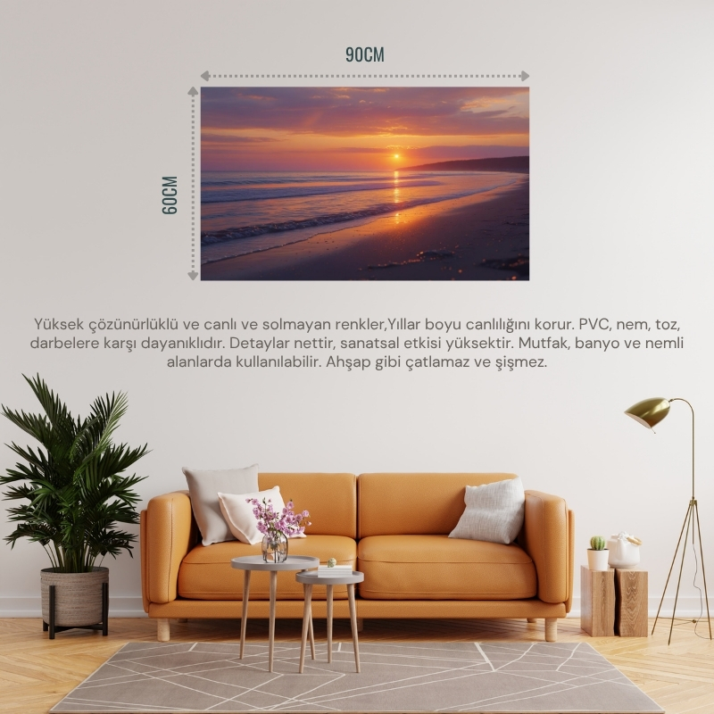 DOĞA VE MANZARA YATAY SESSİZ KUMSAL ROMANTİK GÜN BATIMI 02 ÇERÇEVESİZ 90X60CM PVC TABLO