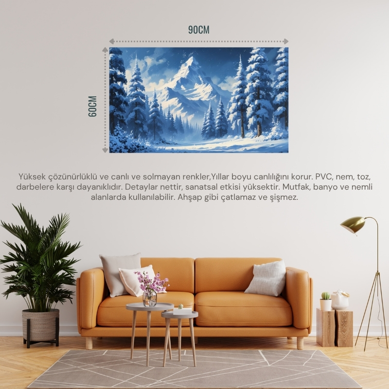 DOĞA VE MANZARA YATAY DAĞ KARLA KAPLI ÇAM AĞAÇLARI YUMUŞAK KAR YAĞIŞI 01 ÇERÇEVESİZ 90X60CM PCV TABLO