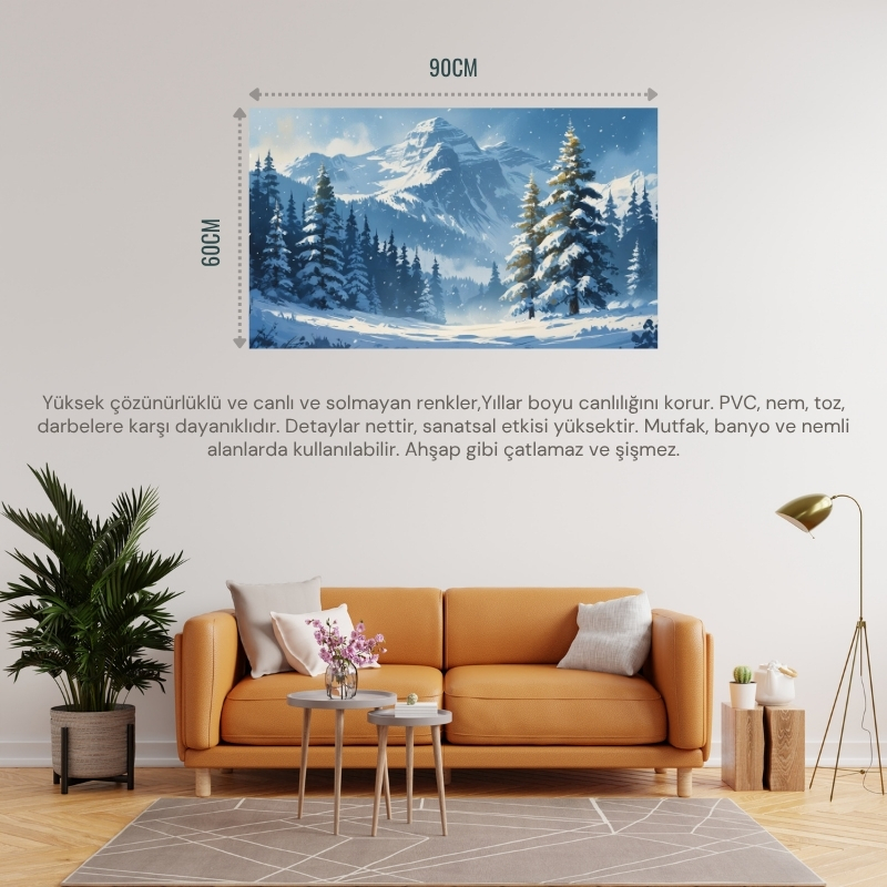 DOĞA VE MANZARA YATAY DAĞ KARLA KAPLI ÇAM AĞAÇLARI YUMUŞAK KAR YAĞIŞI 02 ÇERÇEVESİZ 90X60CM PCV TABLO