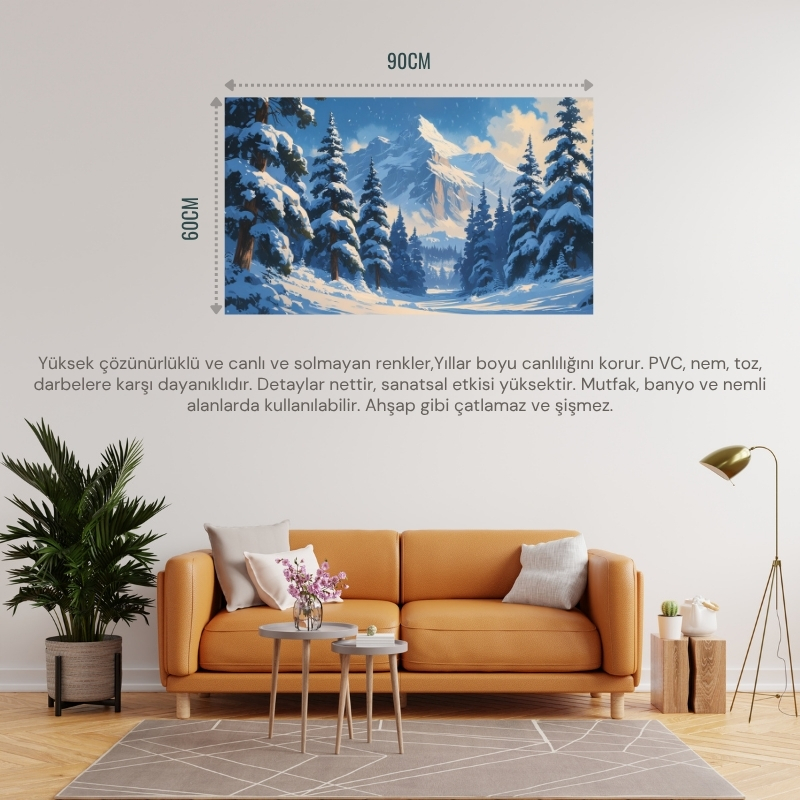 DOĞA VE MANZARA YATAY DAĞ KARLA KAPLI ÇAM AĞAÇLARI YUMUŞAK KAR YAĞIŞI 03 ÇERÇEVESİZ 90X60CM PCV TABLO