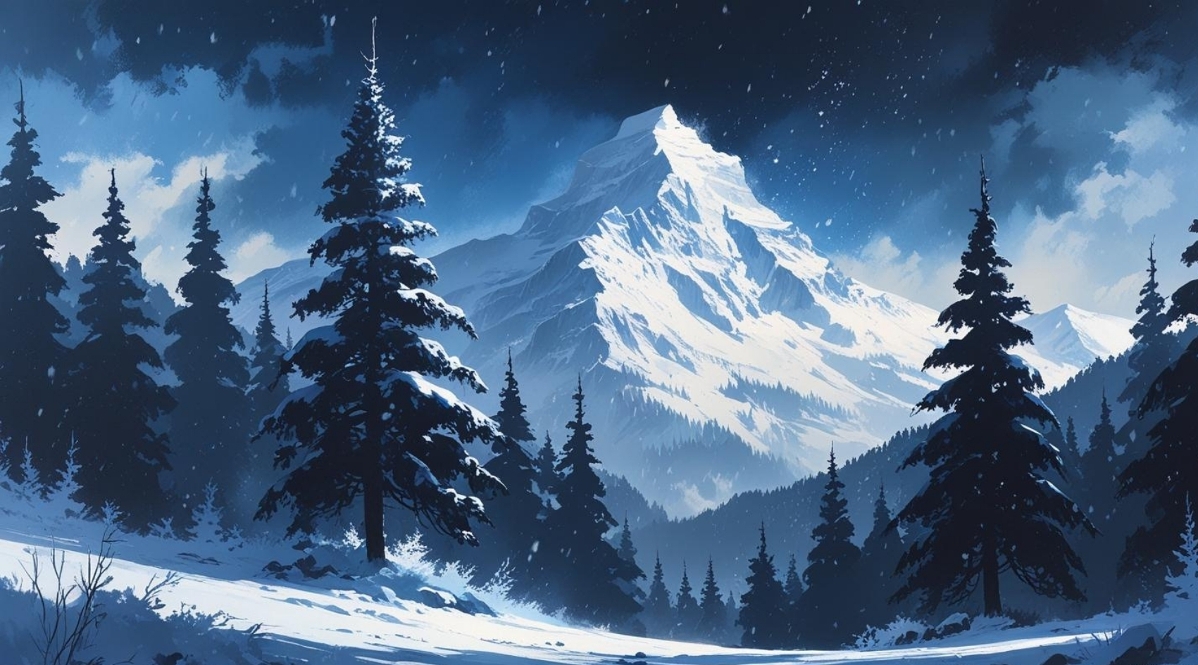 DOĞA VE MANZARA YATAY DAĞ KARLA KAPLI ÇAM AĞAÇLARI YUMUŞAK KAR YAĞIŞI 04 ÇERÇEVESİZ 90X60CM PCV TABLO