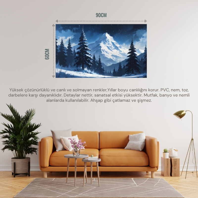 DOĞA VE MANZARA YATAY DAĞ KARLA KAPLI ÇAM AĞAÇLARI YUMUŞAK KAR YAĞIŞI 04 ÇERÇEVESİZ 90X60CM PCV TABLO