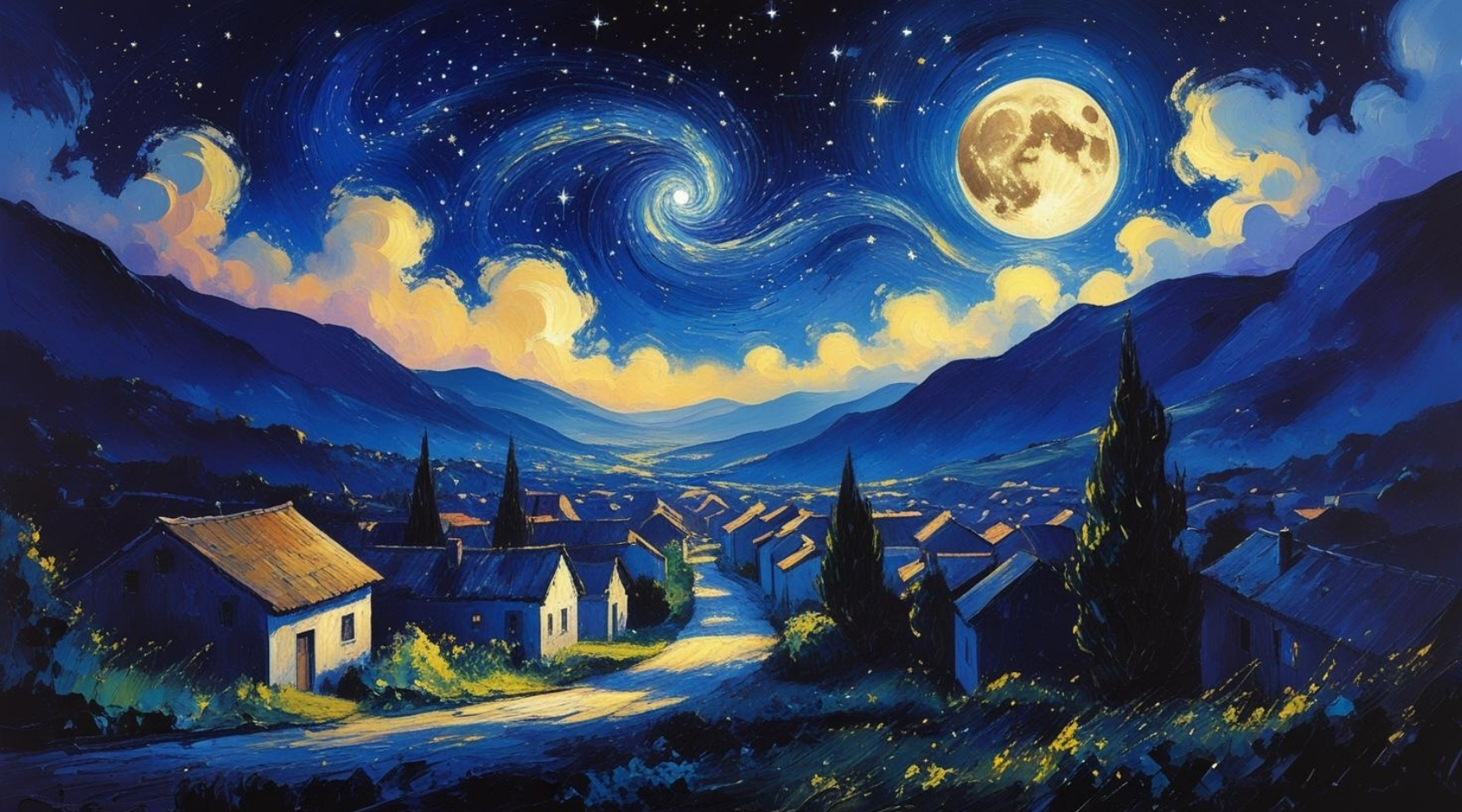 DOĞA VE MANZARA YATAY SESSİZ BİR KÖYÜN ÜZERİNDE YILDIZLI GECE PARLAYAN AY 05 ÇERÇEVESİZ 90X60CM PVC TABLO