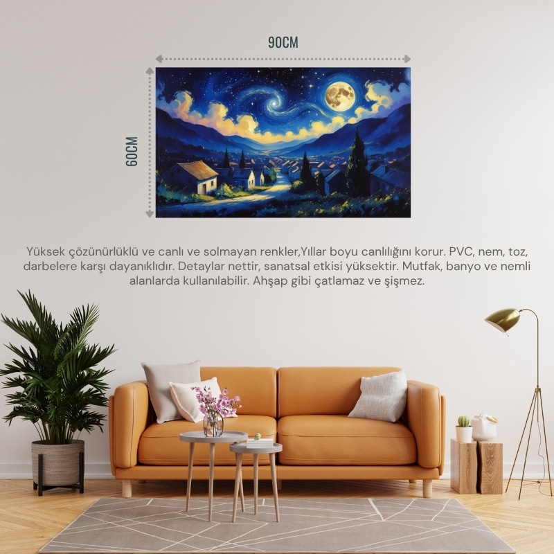 DOĞA VE MANZARA YATAY SESSİZ BİR KÖYÜN ÜZERİNDE YILDIZLI GECE PARLAYAN AY 05 ÇERÇEVESİZ 90X60CM PVC TABLO
