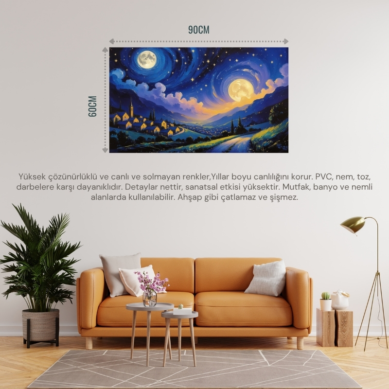 DOĞA VE MANZARA YATAY SESSİZ BİR KÖYÜN ÜZERİNDE YILDIZLI GECE PARLAYAN AY 06 ÇERÇEVESİZ 90X60CM PVC TABLO