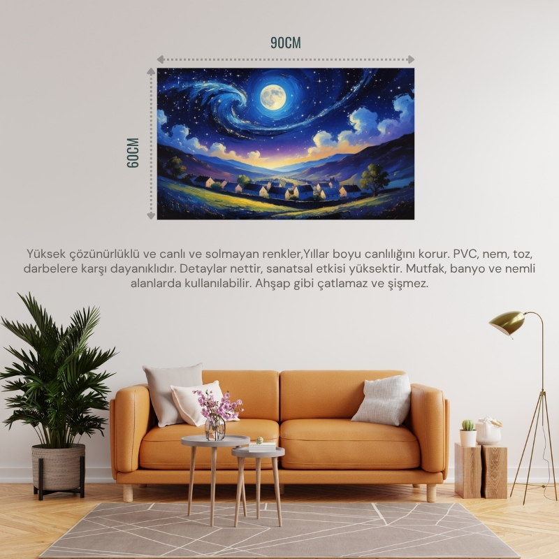 DOĞA VE MANZARA YATAY SESSİZ BİR KÖYÜN ÜZERİNDE YILDIZLI GECE PARLAYAN AY 07 ÇERÇEVESİZ 90X60CM PVC TABLO