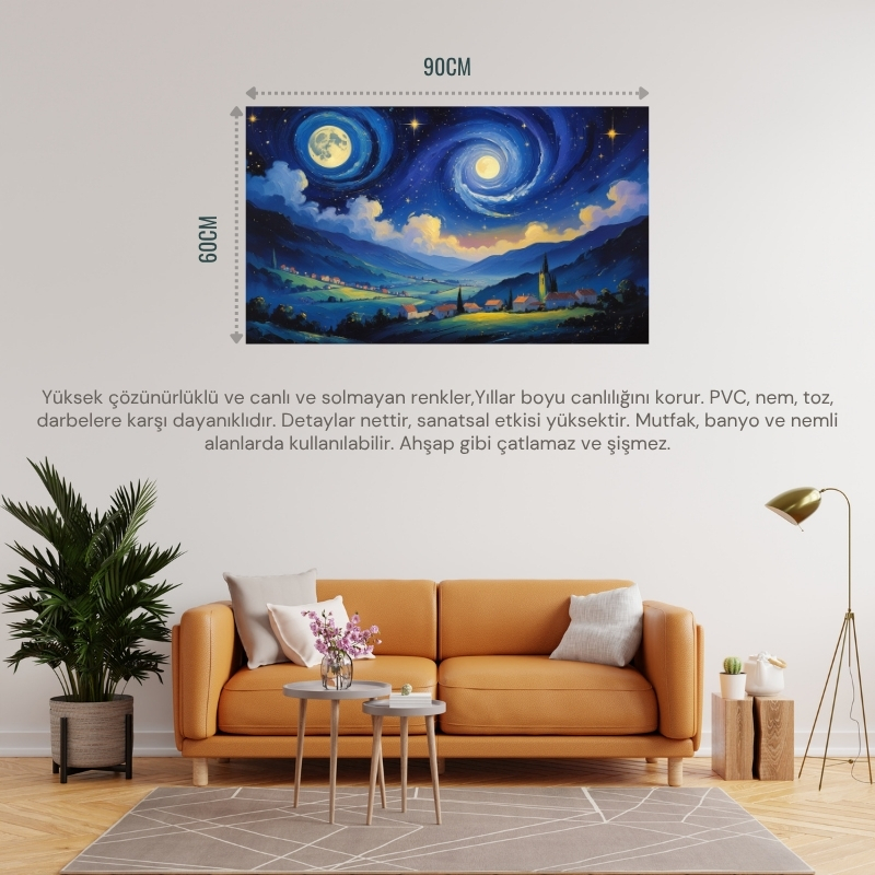 DOĞA VE MANZARA YATAY SESSİZ BİR KÖYÜN ÜZERİNDE YILDIZLI GECE PARLAYAN AY 08 ÇERÇEVESİZ 90X60CM PVC TABLO