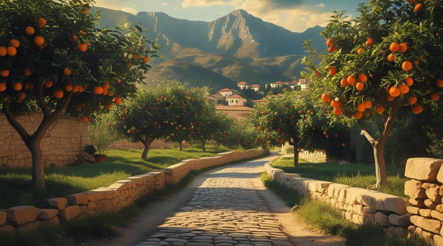 DOĞA VE MANZARA YATAY ARNAVUT KALDIRIMLI YOL MEYVE AĞAÇLARI, DAĞLAR 01 ÇERÇEVESİZ 90X60CM PVC TABLO