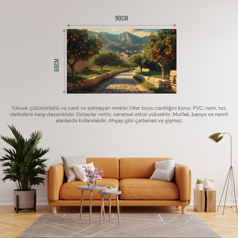 DOĞA VE MANZARA YATAY ARNAVUT KALDIRIMLI YOL MEYVE AĞAÇLARI, DAĞLAR 01 ÇERÇEVESİZ 90X60CM PVC TABLO