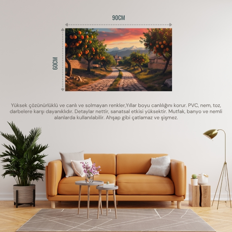 DOĞA VE MANZARA YATAY ARNAVUT KALDIRIMLI YOL MEYVE AĞAÇLARI, DAĞLAR 02 ÇERÇEVESİZ 90X60CM PVC TABLO