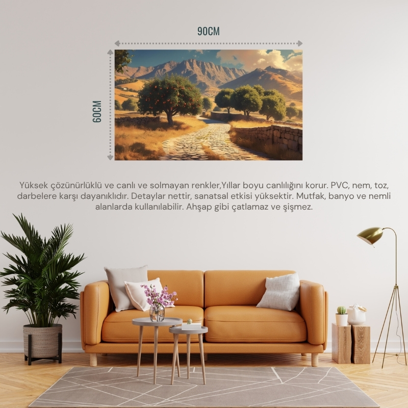 DOĞA VE MANZARA YATAY ARNAVUT KALDIRIMLI YOL MEYVE AĞAÇLARI, DAĞLAR 03 ÇERÇEVESİZ 90X60CM PVC TABLO
