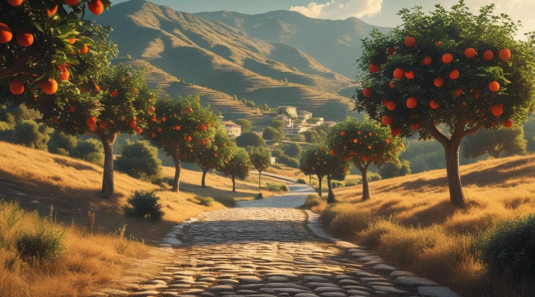 DOĞA VE MANZARA YATAY ARNAVUT KALDIRIMLI YOL MEYVE AĞAÇLARI, DAĞLAR 04 ÇERÇEVESİZ 90X60CM PVC TABLO