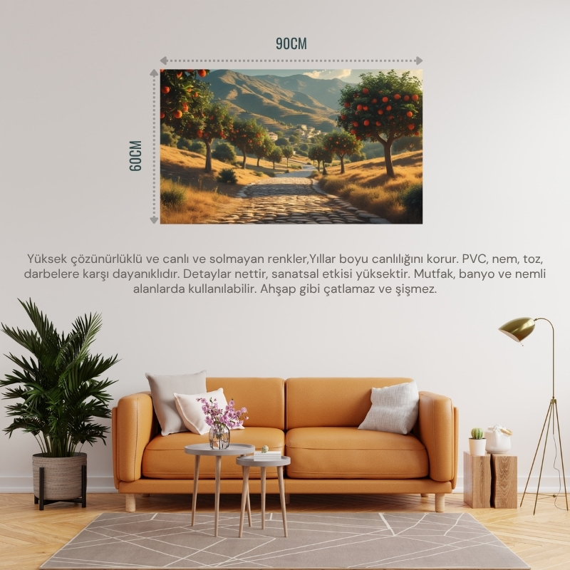 DOĞA VE MANZARA YATAY ARNAVUT KALDIRIMLI YOL MEYVE AĞAÇLARI, DAĞLAR 04 ÇERÇEVESİZ 90X60CM PVC TABLO
