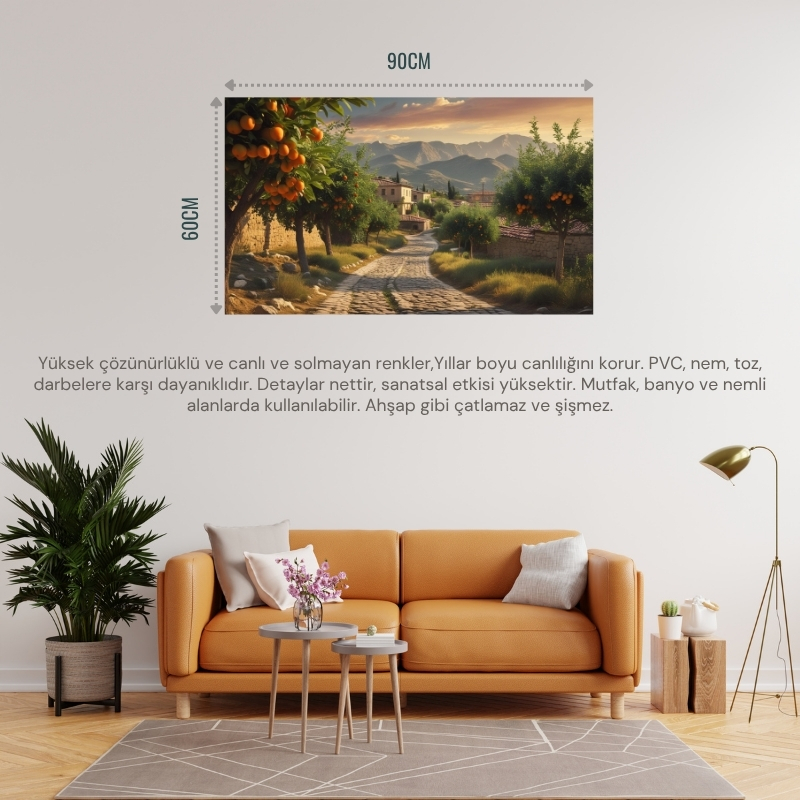 DOĞA VE MANZARA YATAY ARNAVUT KALDIRIMLI YOL MEYVE AĞAÇLARI, DAĞLAR 05 ÇERÇEVESİZ 90X60CM PVC TABLO