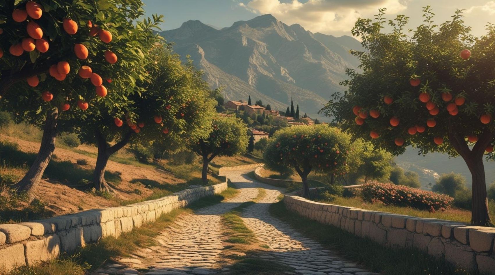 DOĞA VE MANZARA YATAY ARNAVUT KALDIRIMLI YOL MEYVE AĞAÇLARI, DAĞLAR 06 ÇERÇEVESİZ 90X60CM PVC TABLO