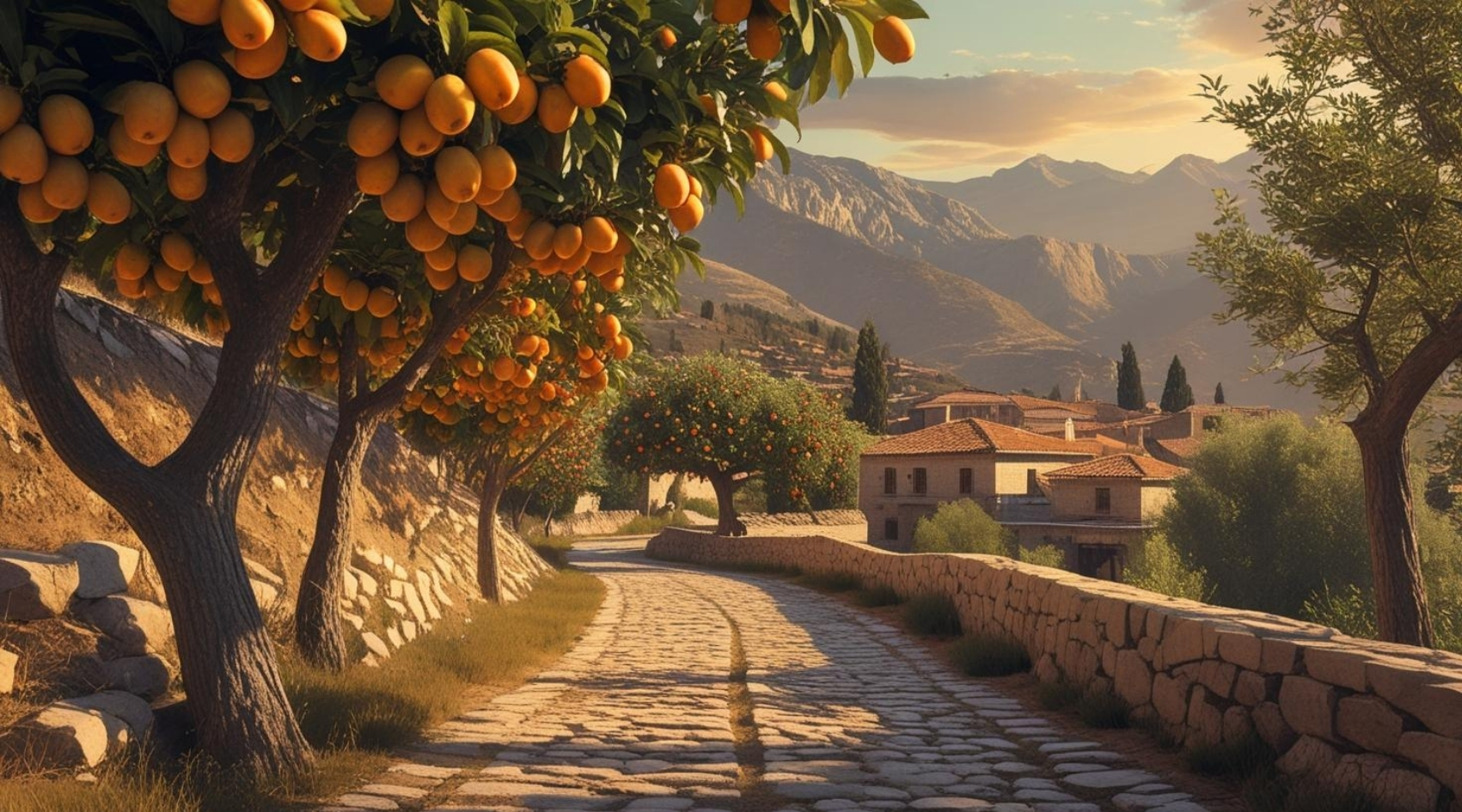 DOĞA VE MANZARA YATAY ARNAVUT KALDIRIMLI YOL MEYVE AĞAÇLARI, DAĞLAR 07 ÇERÇEVESİZ 90X60CM PVC TABLO