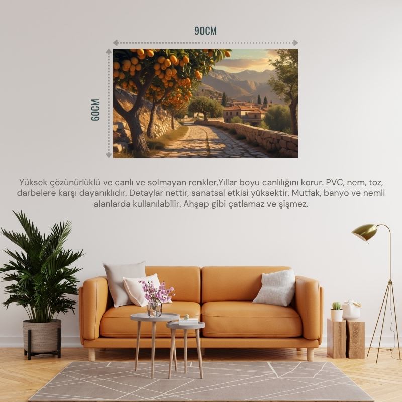 DOĞA VE MANZARA YATAY ARNAVUT KALDIRIMLI YOL MEYVE AĞAÇLARI, DAĞLAR 07 ÇERÇEVESİZ 90X60CM PVC TABLO