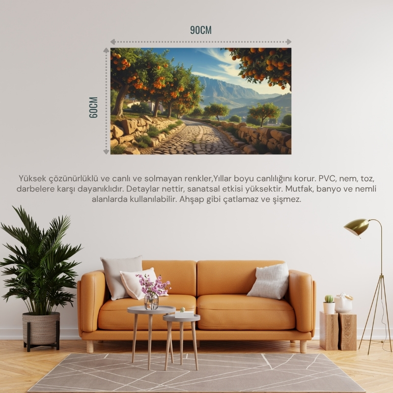 DOĞA VE MANZARA YATAY ARNAVUT KALDIRIMLI YOL MEYVE AĞAÇLARI, DAĞLAR 08 ÇERÇEVESİZ 90X60CM PVC TABLO