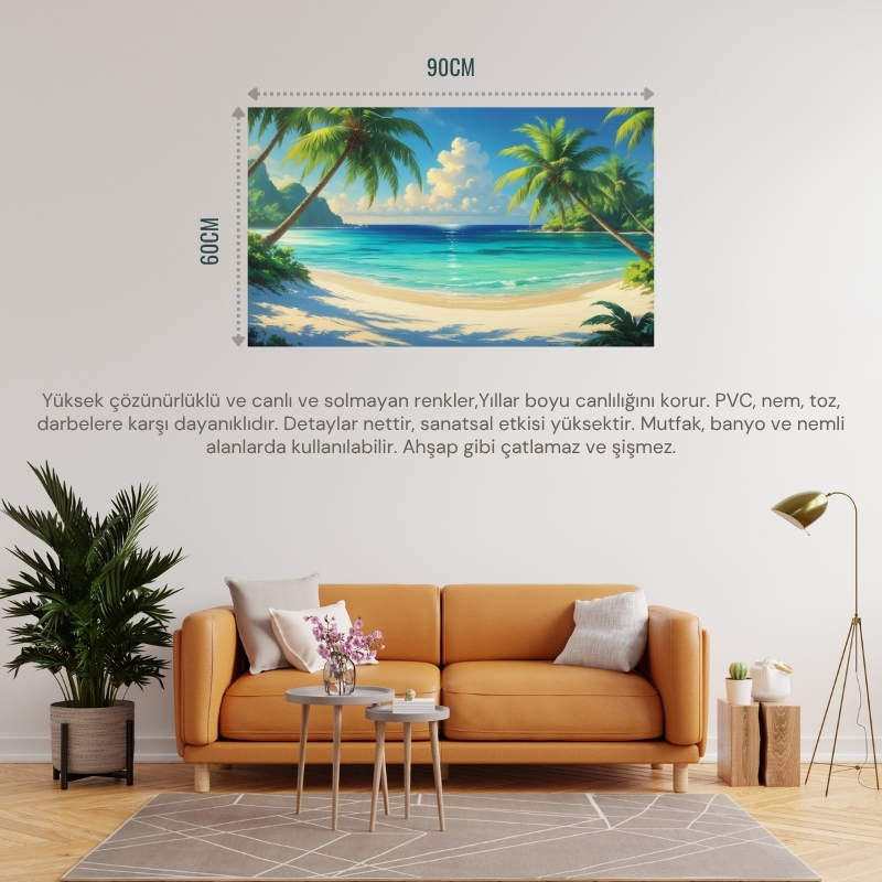 DOĞA VE MANZARA YATAY PALMİYE AĞAÇLARI TURKUAZ DENİZ KUM VE HUZURLU BERRAK GÖKYÜZÜ 01 ÇERÇEVESİZ 90X60CM PVC TABLO