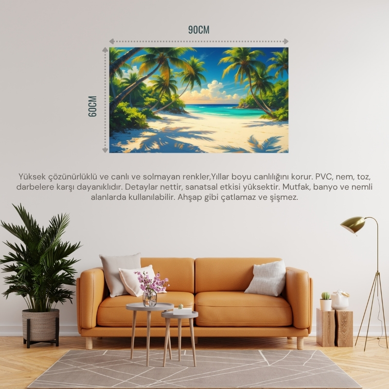 DOĞA VE MANZARA YATAY PALMİYE AĞAÇLARI TURKUAZ DENİZ KUM VE HUZURLU BERRAK GÖKYÜZÜ 02 ÇERÇEVESİZ 90X60CM PVC TABLO