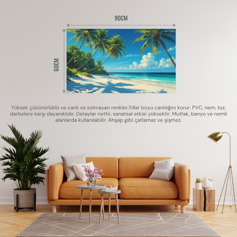 DOĞA VE MANZARA YATAY PALMİYE AĞAÇLARI TURKUAZ DENİZ KUM VE HUZURLU BERRAK GÖKYÜZÜ 03 ÇERÇEVESİZ 90X60CM PVC TABLO