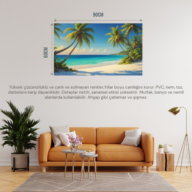 DOĞA VE MANZARA YATAY PALMİYE AĞAÇLARI TURKUAZ DENİZ KUM VE HUZURLU BERRAK GÖKYÜZÜ 04 ÇERÇEVESİZ 90X60CM PVC TABLO