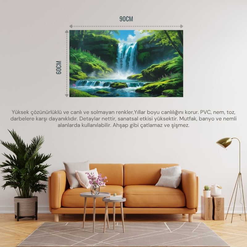 DOĞA VE MANZARA YATAY CANLI ŞELALE YEMYEŞİL BİTKİ ÖRTÜSÜ, SU SIÇRAMALARI, KAYALAR PARLAK MAVİ GÖKYÜZÜ 01 ÇERÇEVESİZ 90X60CM PVC TABLO