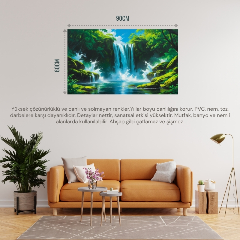 DOĞA VE MANZARA YATAY CANLI ŞELALE YEMYEŞİL BİTKİ ÖRTÜSÜ, SU SIÇRAMALARI, KAYALAR PARLAK MAVİ GÖKYÜZÜ 03 ÇERÇEVESİZ 90X60CM PVC TABLO