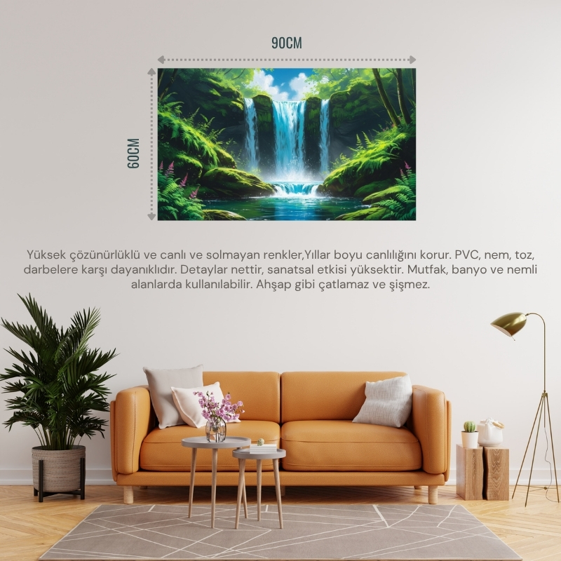 DOĞA VE MANZARA YATAY CANLI ŞELALE YEMYEŞİL BİTKİ ÖRTÜSÜ, SU SIÇRAMALARI, KAYALAR PARLAK MAVİ GÖKYÜZÜ 04 ÇERÇEVESİZ 90X60CM PVC TABLO