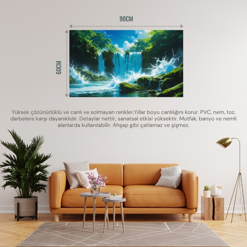 DOĞA VE MANZARA YATAY CANLI ŞELALE YEMYEŞİL BİTKİ ÖRTÜSÜ, SU SIÇRAMALARI, KAYALAR PARLAK MAVİ GÖKYÜZÜ 05 ÇERÇEVESİZ 90X60CM PVC TABLO